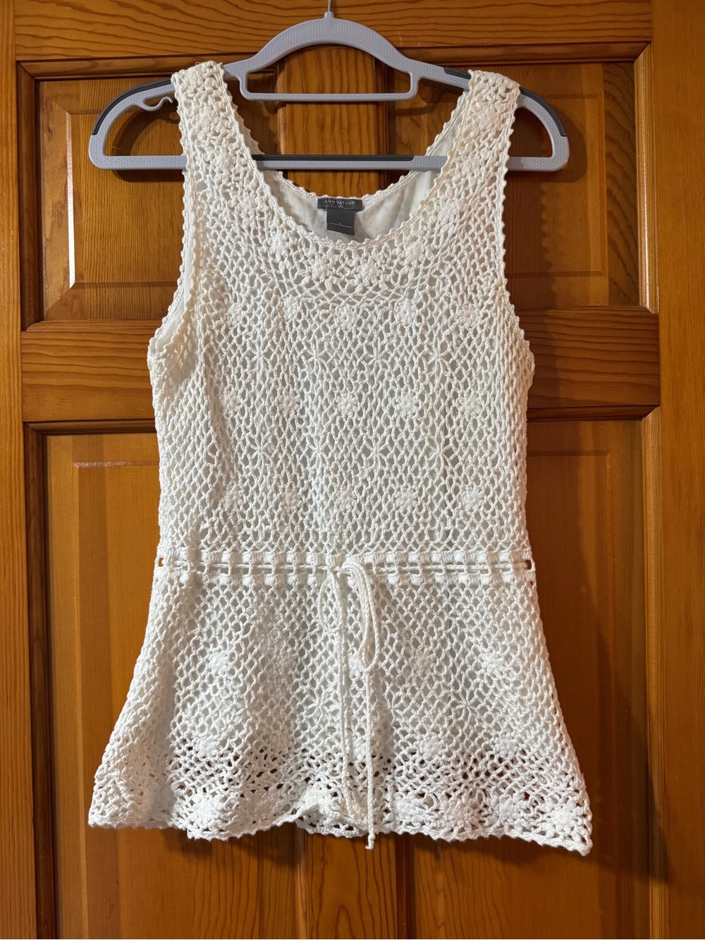 Ann Taylor White Crochet Drawstring Tank